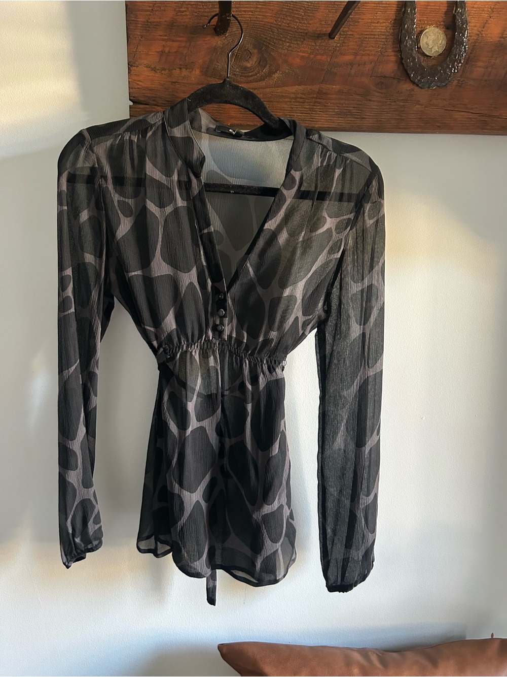 Express Black & Gray Sheer V-Neck Peplum Blouse